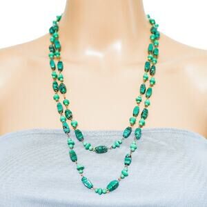 Vintage Large Endless Beaded Necklace Jade Teal Color Art Glass Confetti Frit